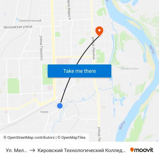 Ул. Мельничная to Кировский Технологический Колледж Пищевой Промышленности map