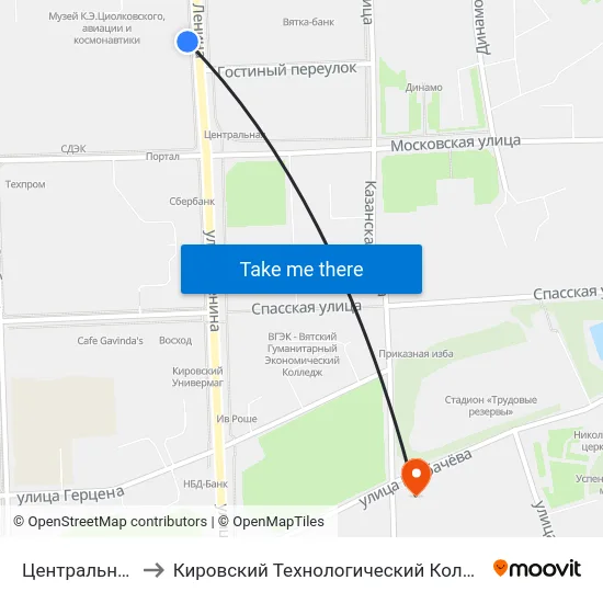 Центральная Гостиница to Кировский Технологический Колледж Пищевой Промышленности map