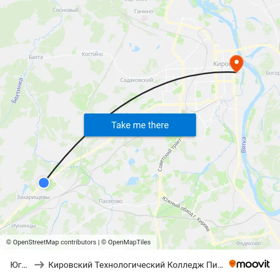 Югрино to Кировский Технологический Колледж Пищевой Промышленности map