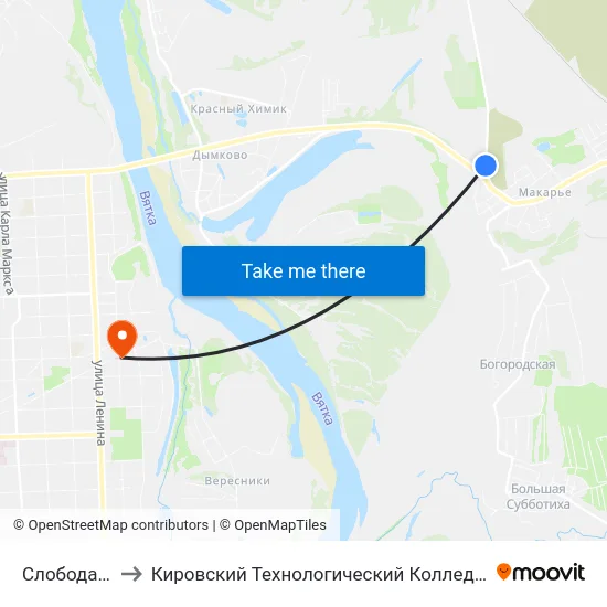 Слобода Макарье to Кировский Технологический Колледж Пищевой Промышленности map