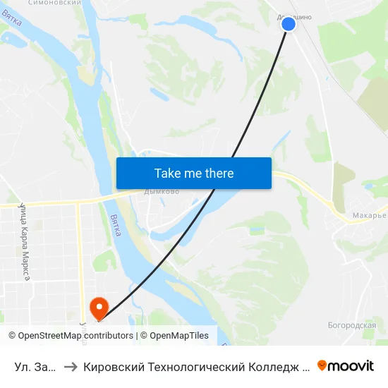 Ул. Заречная to Кировский Технологический Колледж Пищевой Промышленности map