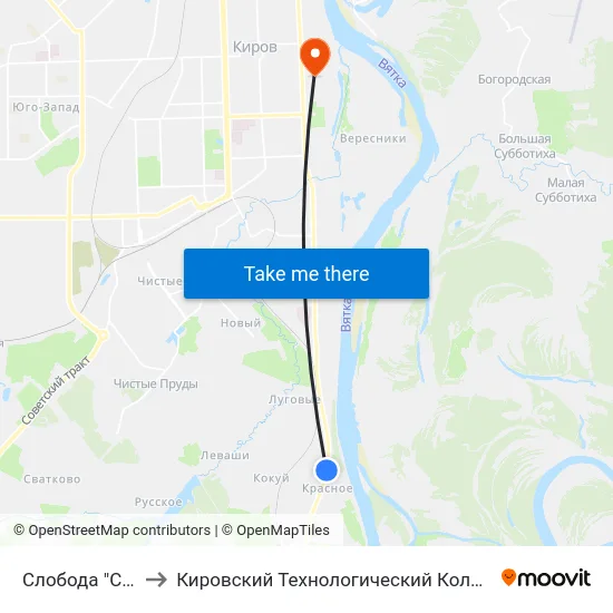 Слобода "Село Красное" to Кировский Технологический Колледж Пищевой Промышленности map