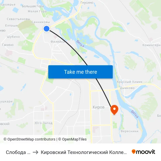 Слобода Куртеевы to Кировский Технологический Колледж Пищевой Промышленности map