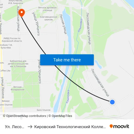 Ул. Лесозаводская to Кировский Технологический Колледж Пищевой Промышленности map
