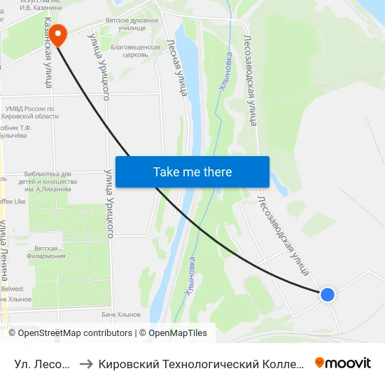 Ул. Лесозаводская to Кировский Технологический Колледж Пищевой Промышленности map