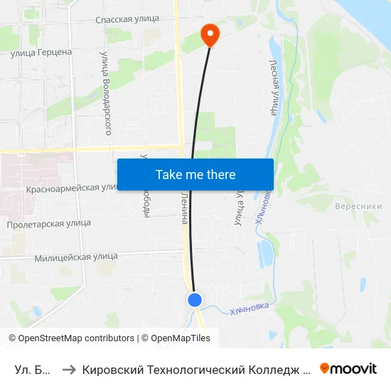 Ул. Блюхера to Кировский Технологический Колледж Пищевой Промышленности map