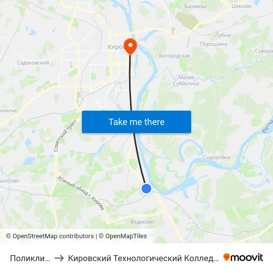 Поликлиника № 2 to Кировский Технологический Колледж Пищевой Промышленности map