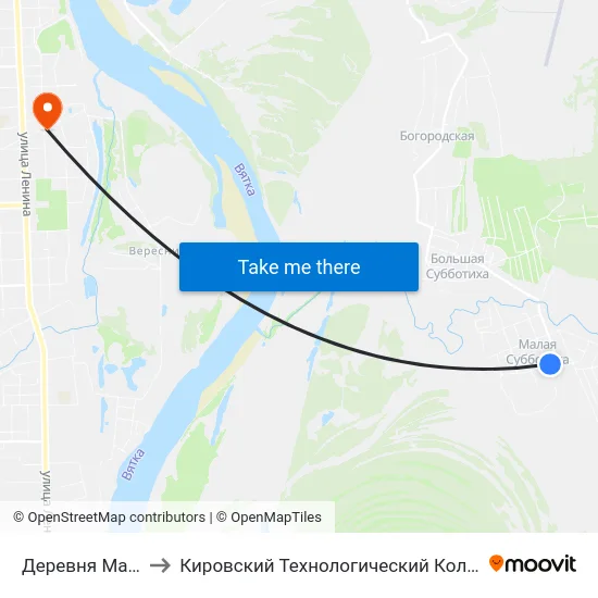 Деревня Малая Субботиха to Кировский Технологический Колледж Пищевой Промышленности map
