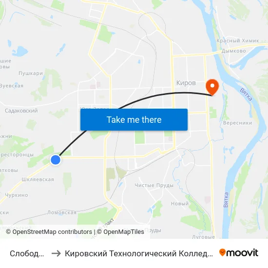 Слобода Фадино to Кировский Технологический Колледж Пищевой Промышленности map