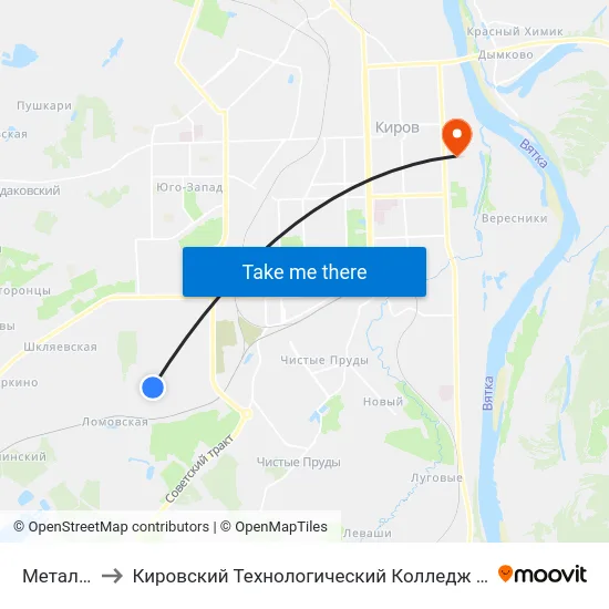 Металлобаза to Кировский Технологический Колледж Пищевой Промышленности map