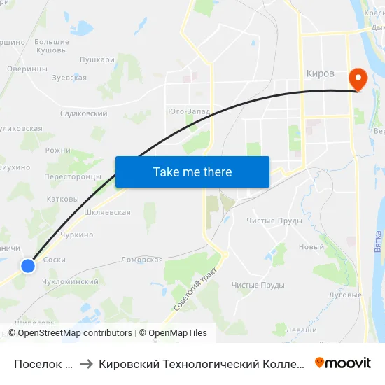 Поселок Дороничи to Кировский Технологический Колледж Пищевой Промышленности map