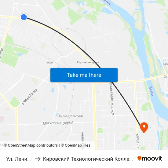 Ул. Ленинградская to Кировский Технологический Колледж Пищевой Промышленности map