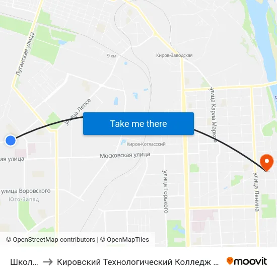 Школа №42 to Кировский Технологический Колледж Пищевой Промышленности map