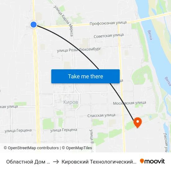 Областной Дом Народного Творчества to Кировский Технологический Колледж Пищевой Промышленности map