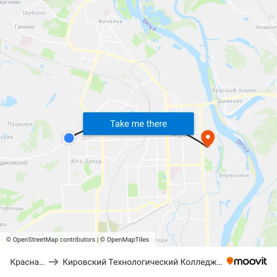 Красная Горка to Кировский Технологический Колледж Пищевой Промышленности map