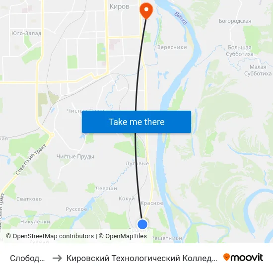 Слобода Сошени to Кировский Технологический Колледж Пищевой Промышленности map