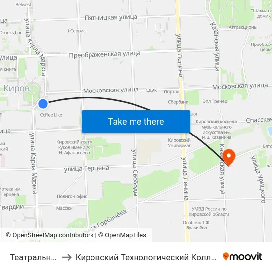 Театральная Площадь to Кировский Технологический Колледж Пищевой Промышленности map