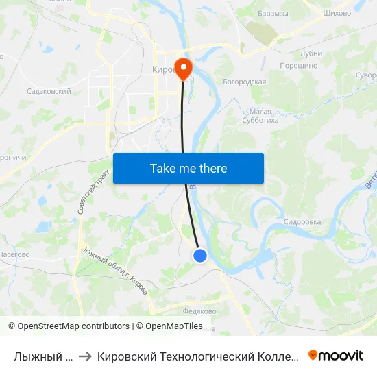 Лыжный Комбинат to Кировский Технологический Колледж Пищевой Промышленности map