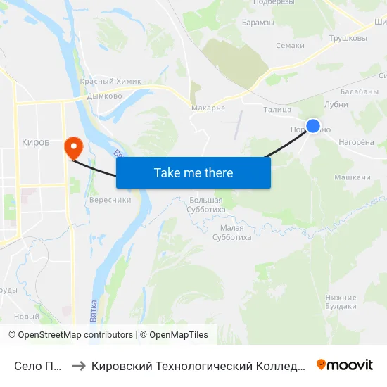 Село Порошино to Кировский Технологический Колледж Пищевой Промышленности map