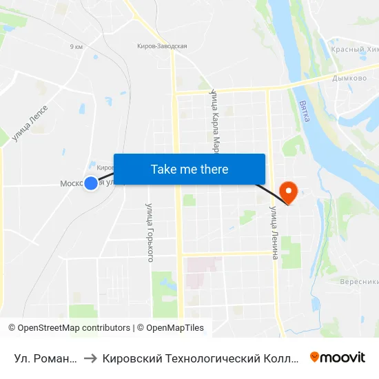 Ул. Романа Ердякова to Кировский Технологический Колледж Пищевой Промышленности map