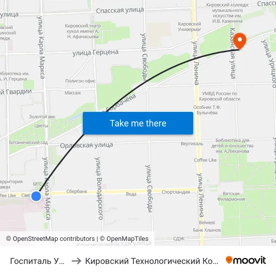 Госпиталь Участников Войн to Кировский Технологический Колледж Пищевой Промышленности map