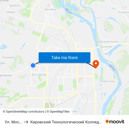 Ул. Московская to Кировский Технологический Колледж Пищевой Промышленности map