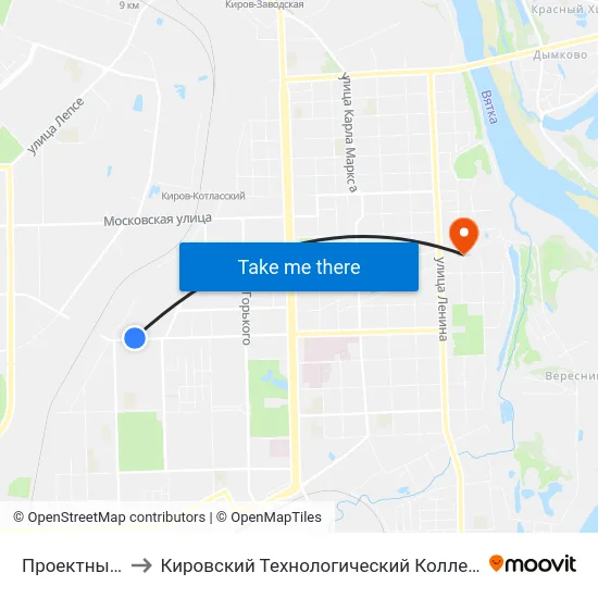 Проектный Институт to Кировский Технологический Колледж Пищевой Промышленности map