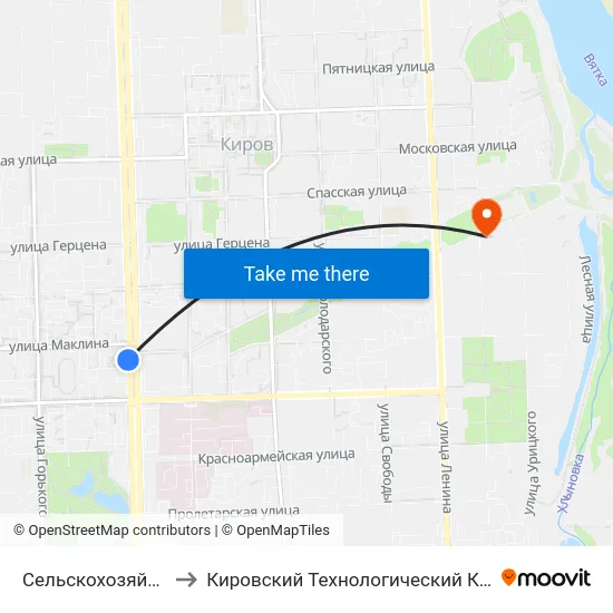 Сельскохозяйственная Академия to Кировский Технологический Колледж Пищевой Промышленности map