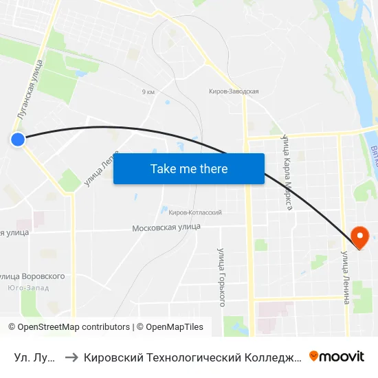 Ул. Луганская to Кировский Технологический Колледж Пищевой Промышленности map