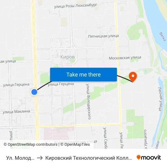 Ул. Молодой Гвардии to Кировский Технологический Колледж Пищевой Промышленности map