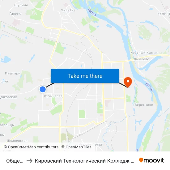 Общежитие to Кировский Технологический Колледж Пищевой Промышленности map