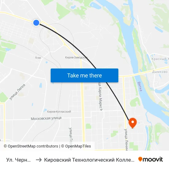 Ул. Чернышевского to Кировский Технологический Колледж Пищевой Промышленности map