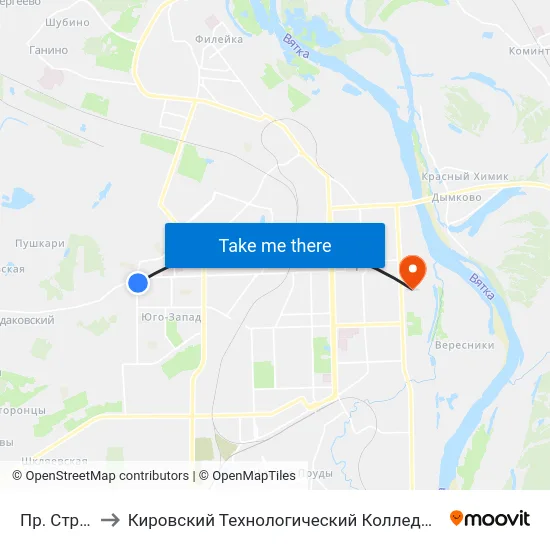 Пр. Строителей to Кировский Технологический Колледж Пищевой Промышленности map