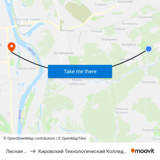 Лесная Полянка to Кировский Технологический Колледж Пищевой Промышленности map