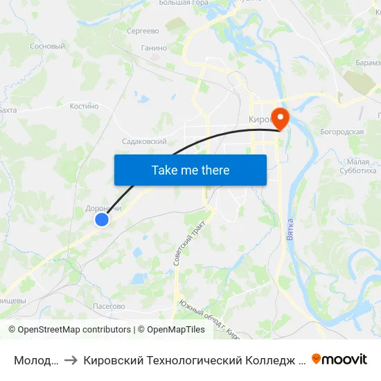 Молодежный to Кировский Технологический Колледж Пищевой Промышленности map