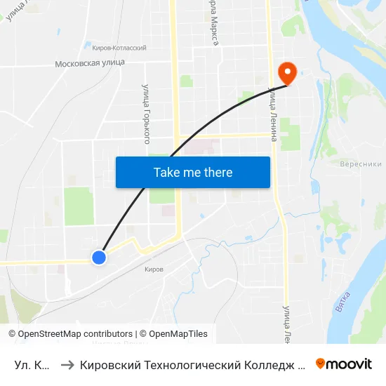 Ул. Красина to Кировский Технологический Колледж Пищевой Промышленности map