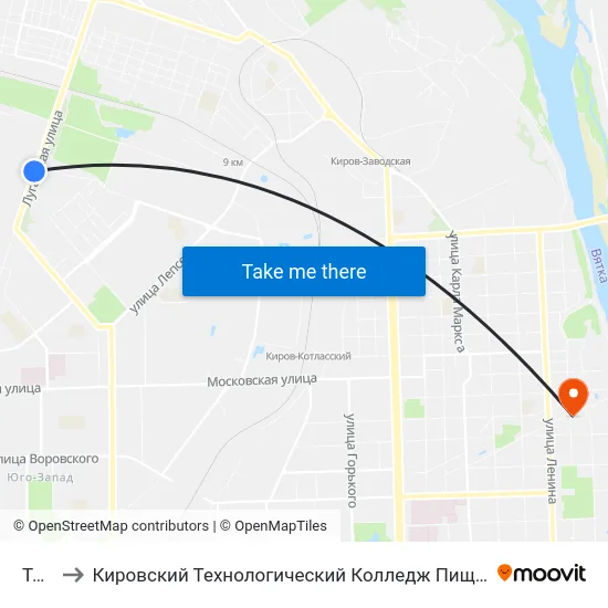Тэц-4 to Кировский Технологический Колледж Пищевой Промышленности map