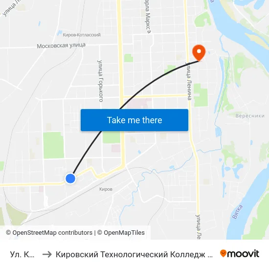 Ул. Красина to Кировский Технологический Колледж Пищевой Промышленности map