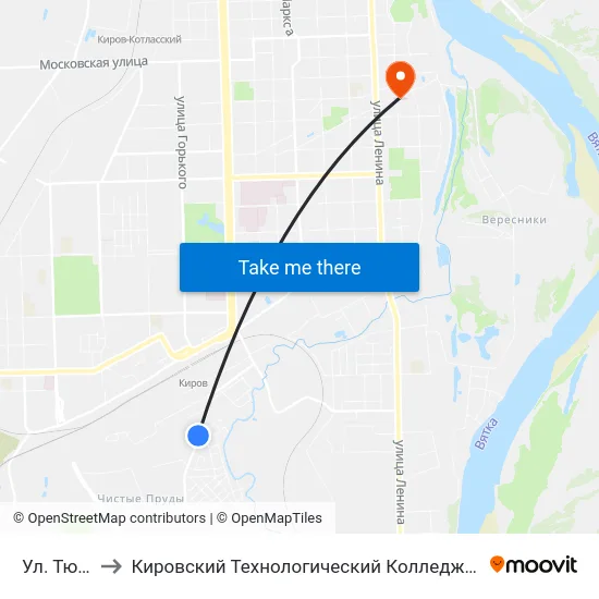 Ул. Тюленина to Кировский Технологический Колледж Пищевой Промышленности map