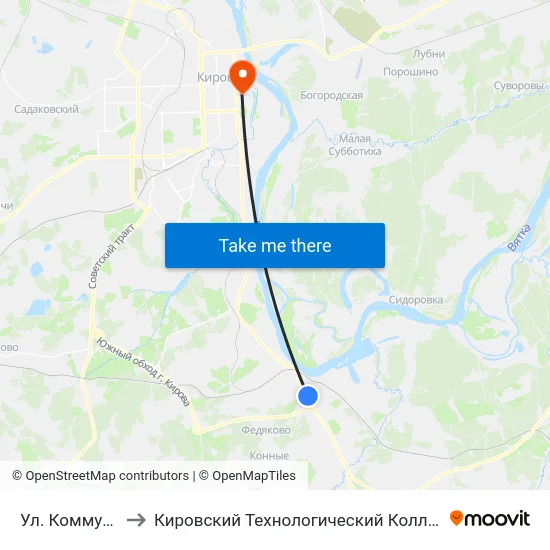 Ул. Коммунистическая to Кировский Технологический Колледж Пищевой Промышленности map