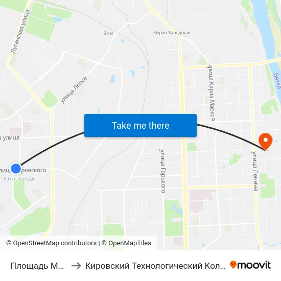 Площадь Маршала Конева to Кировский Технологический Колледж Пищевой Промышленности map