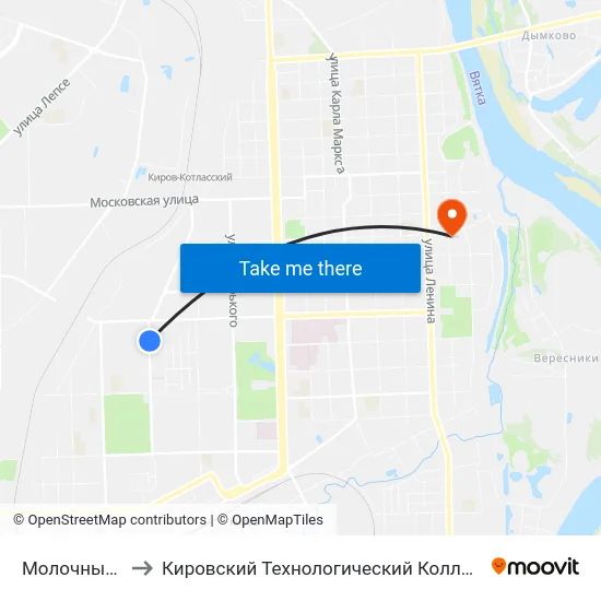 Молочный Комбинат to Кировский Технологический Колледж Пищевой Промышленности map