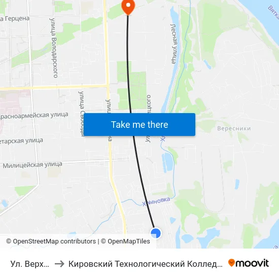 Ул. Верхосунская to Кировский Технологический Колледж Пищевой Промышленности map