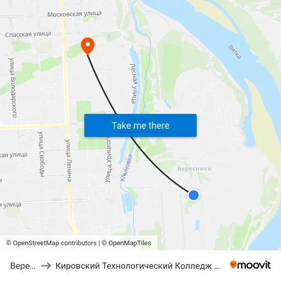 Вересники to Кировский Технологический Колледж Пищевой Промышленности map