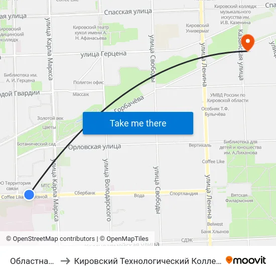 Областная Больница to Кировский Технологический Колледж Пищевой Промышленности map