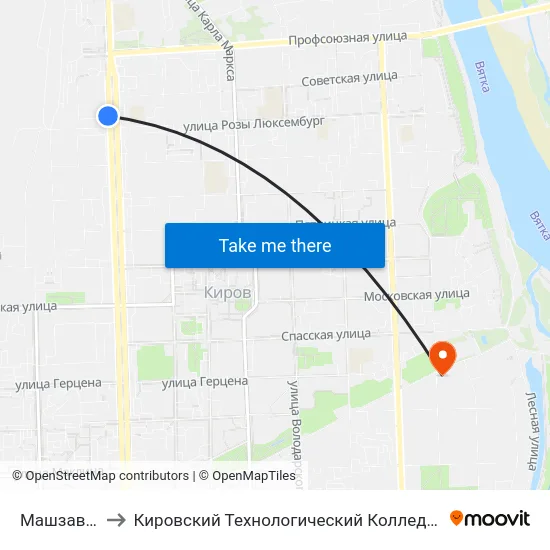 Машзавод 1 Мая to Кировский Технологический Колледж Пищевой Промышленности map