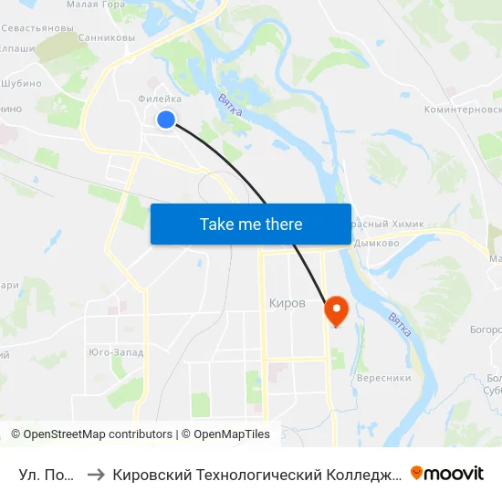 Ул. Подгорная to Кировский Технологический Колледж Пищевой Промышленности map