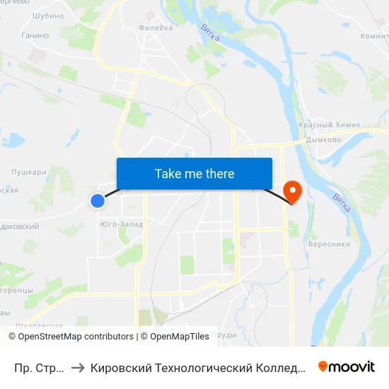 Пр. Строителей to Кировский Технологический Колледж Пищевой Промышленности map