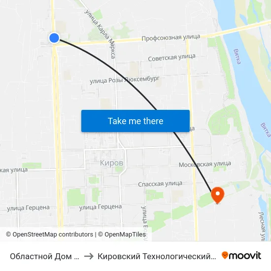 Областной Дом Народного Творчества to Кировский Технологический Колледж Пищевой Промышленности map