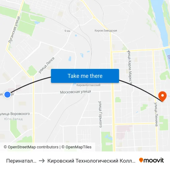 Перинатальный Центр to Кировский Технологический Колледж Пищевой Промышленности map